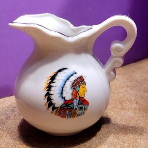 Vintage Native American Chief Mini Creamer Porcelain Pitcher Silver Trim 3in
